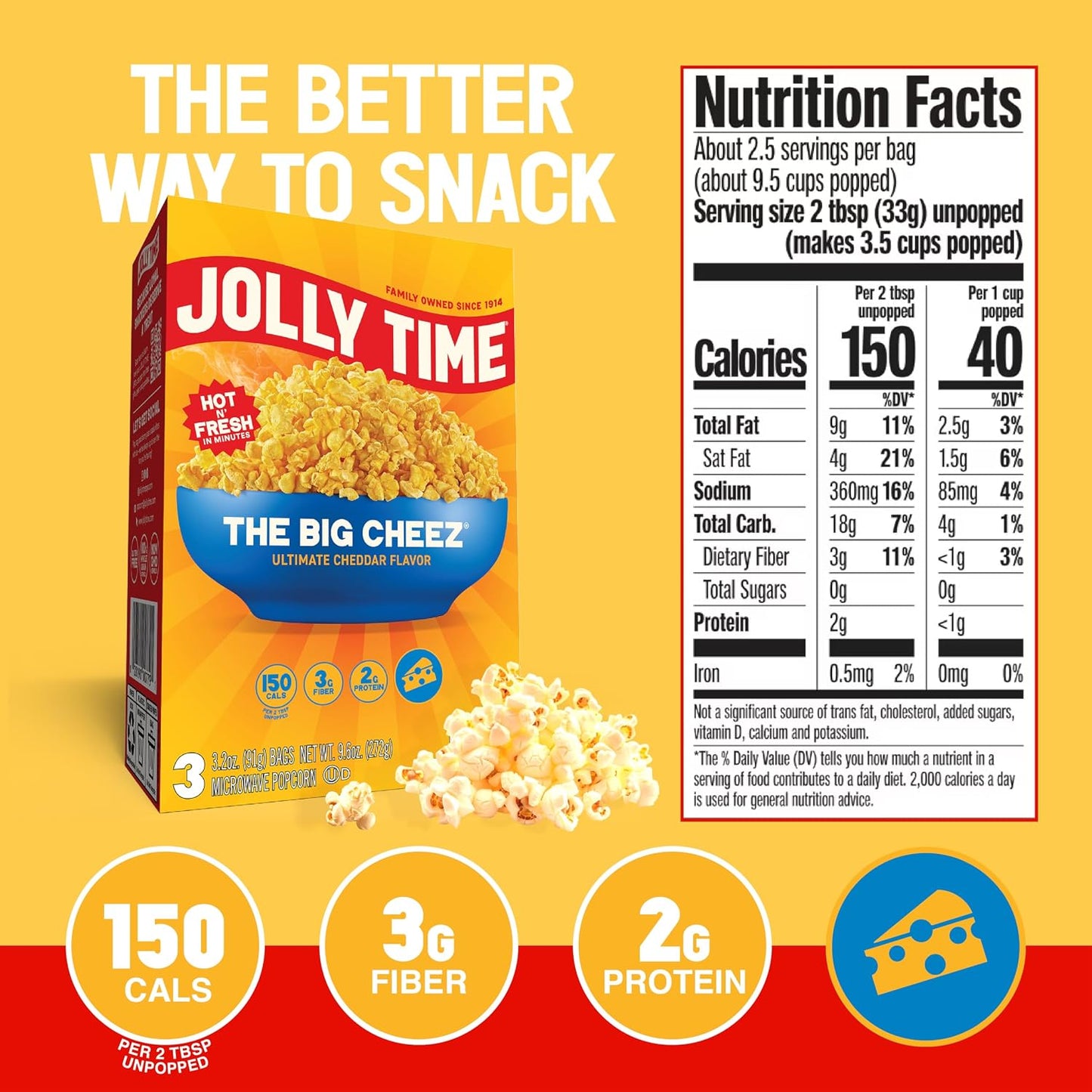 Jolly Time The Big Cheez Cheddar Cheese Microwave Popcorn 3.2oz Sharing Bag 3 Bags Per Carton