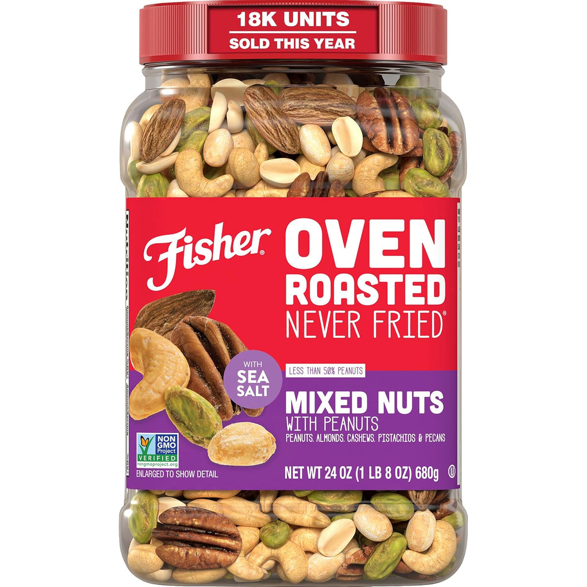 Fisher Oven Roasted Mixed Nuts with Peanuts, 24 Ounces, Reusable Canister