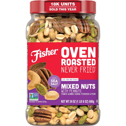 Fisher Oven Roasted Mixed Nuts with Peanuts, 24 Ounces, Reusable Canister