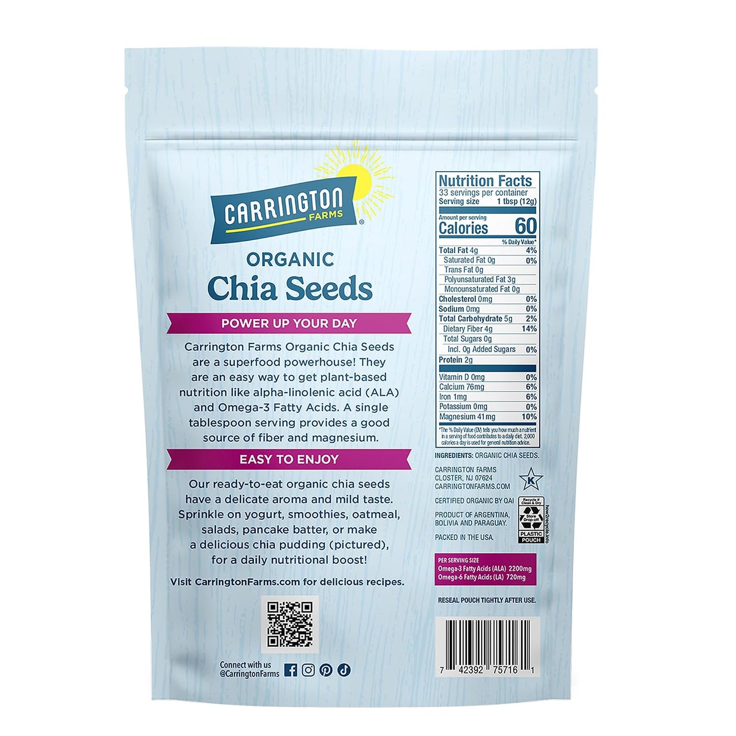 Carrington Farms Organic Chia Seeds, 14 Oz, Gluten-Free, USDA Organic