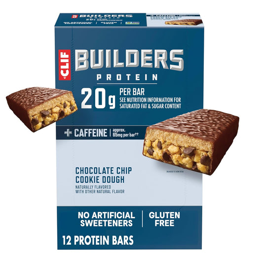 CLIF BUILDERS + Caffeine Protein Bars, Chocolate Chip Cookie Dough Flavor, 20g Plant Based Protein, Gluten Free, Non-GMO, Low Glycemic, No Artificial Sweeteners, 2.4 oz, 12 Pack