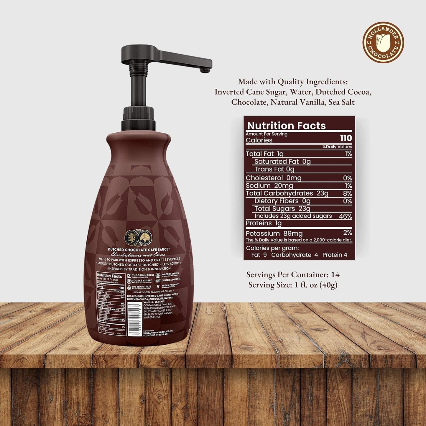 Dutched Chocolate Café Sauce™ by Hollander Chocolate Co. | Perfect for the Professional or Home Barista | Rainforest Alliance Certified | Net Wt. 89 oz (64 fl. Oz.) Large Bottle (PUMP Included)