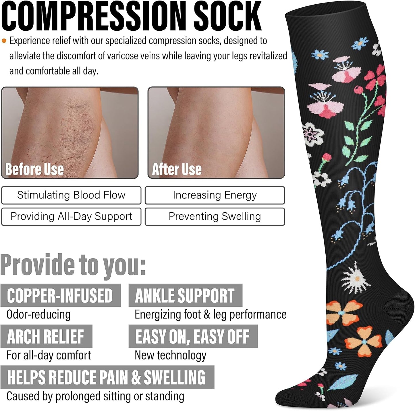 WITHYOU 3 Pairs Compression Socks 15-20 mmHg for Women and Men