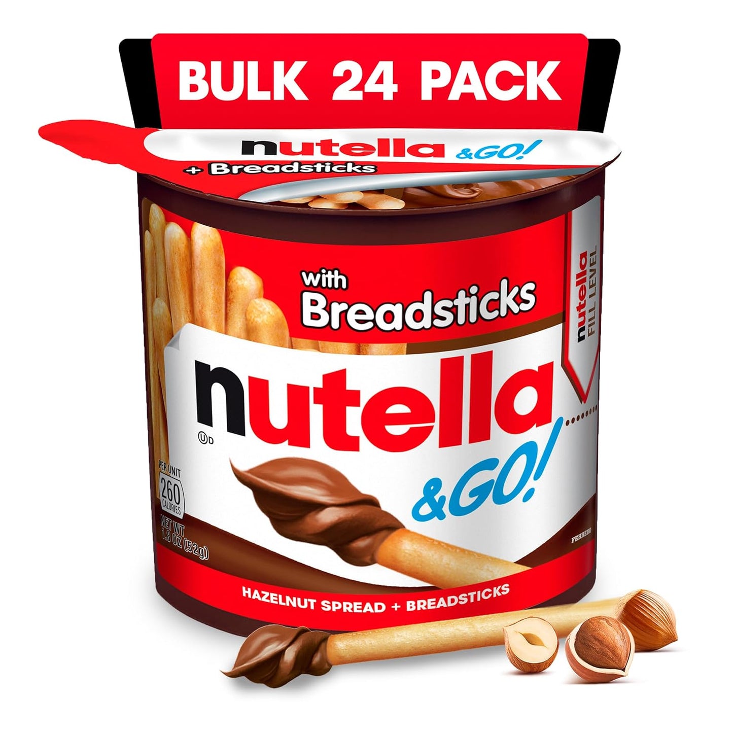 Nutella & GO! Chocolate Hazelnut Spread with Breadsticks, 24 Bulk Snack Packs, 1.8 oz Each