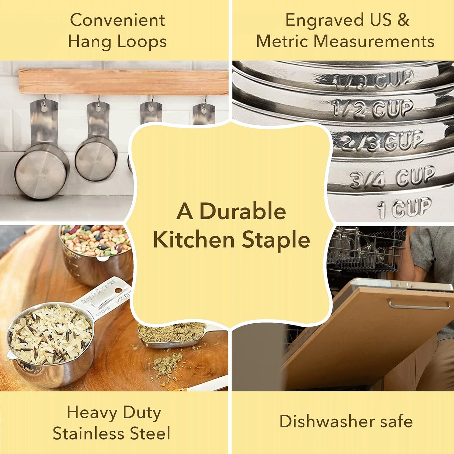 Simply Gourmet Measuring Cups and Spoons Set of 12 – 18/10 Stainless Steel Kitchen Gadgets – Stackable Design with Long Handle Spoons – Fits in Jars – Cooking & Baking Measuring Set for Dry & Liquid