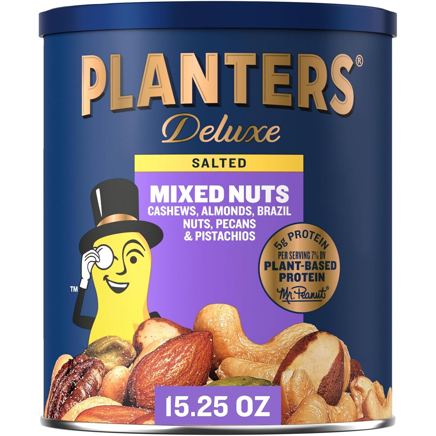 PLANTERS Unsalted Mixed Nuts Canister with Cashews, Pistachios, Almonds, Brazil Nuts, and Pecans, 15.25 oz