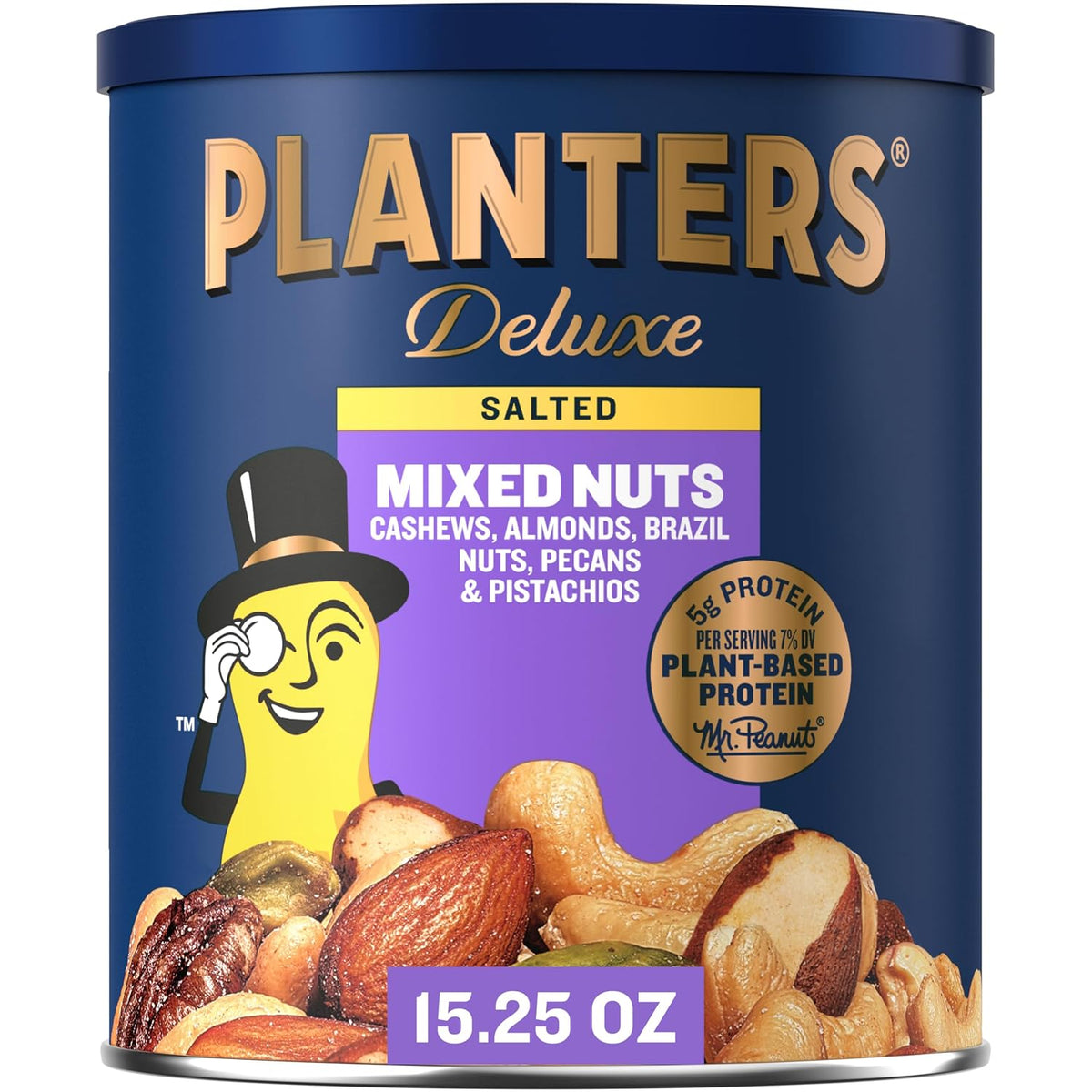 PLANTERS Deluxe Mixed Nuts, 15.25oz Canister, Plant-Based Protein, Quick Snack