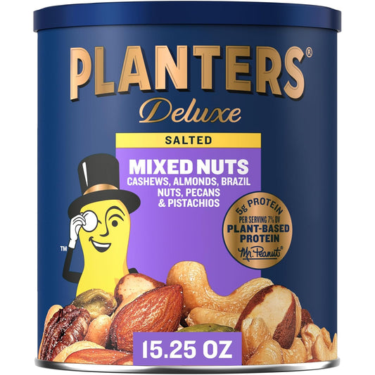 PLANTERS Deluxe Mixed Nuts, 15.25oz Canister, Plant-Based Protein, Quick Snack
