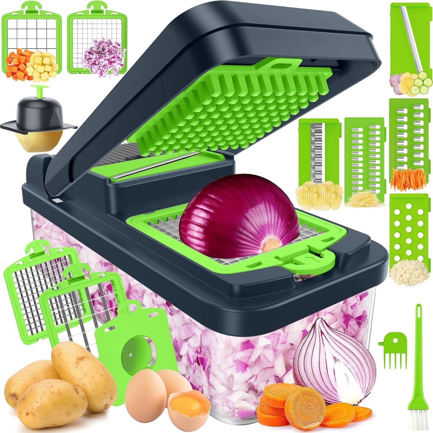 12-in-1 Vegetable Chopper with 7 Blades, Food Veggie Cutter, Mandoline Gray | Includes Egg Separator, Food Container and Finger Guard, Non-slip Base, for Chopping, Slicing, Shredding, and Mincing