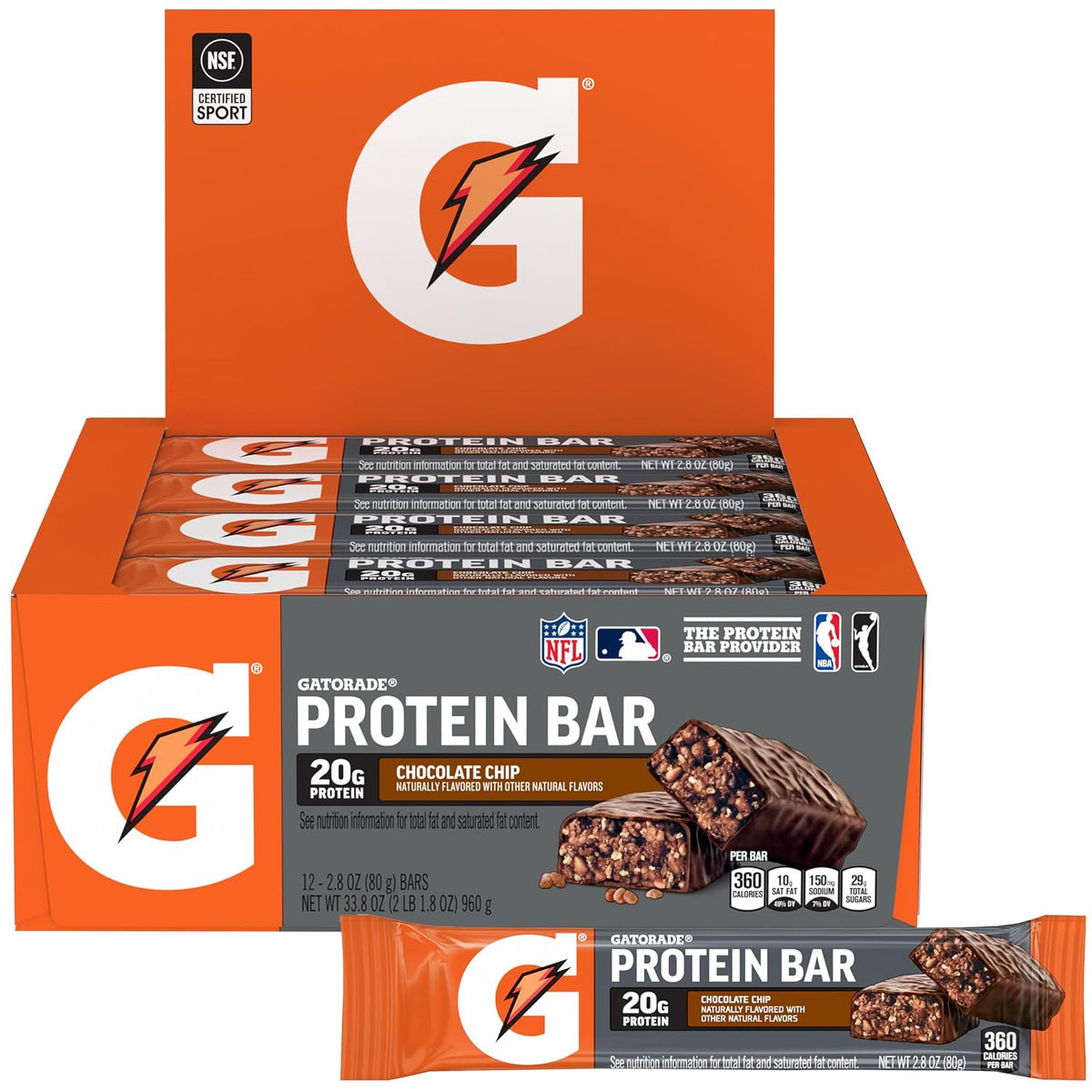 Gatorade Whey Protein Recover Bars, Chocolate Chip, 2.8 ounce, Pack of 12