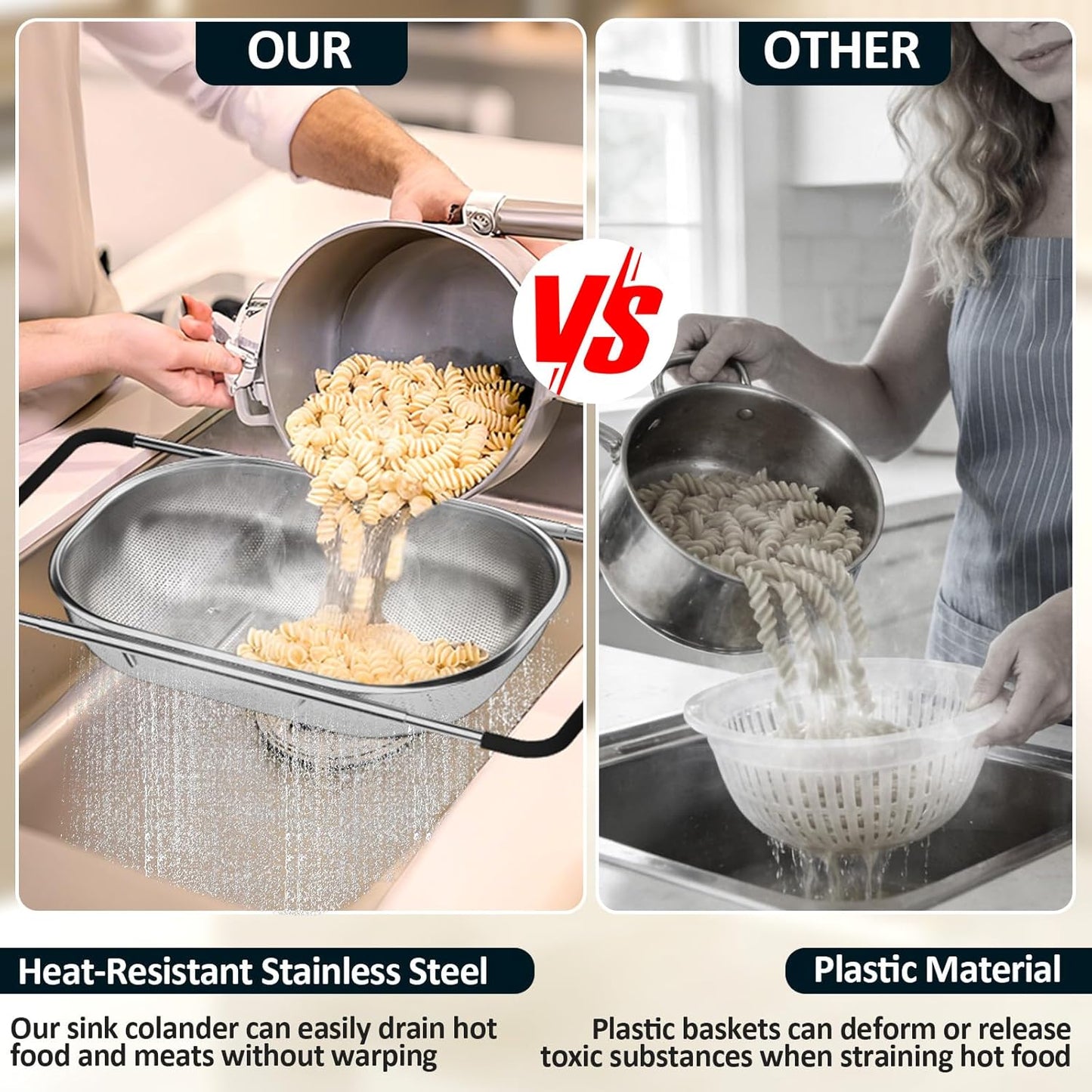 Over the Sink Colander - Strainers and Colanders - Sink Strainer Basket - Expandable Fine Mesh Strainer with Rubber Grip for Veggie, Fruits, Pasta, Home Kitchen Essentials (9.5W x 13.4-21.3L x 3.3H)