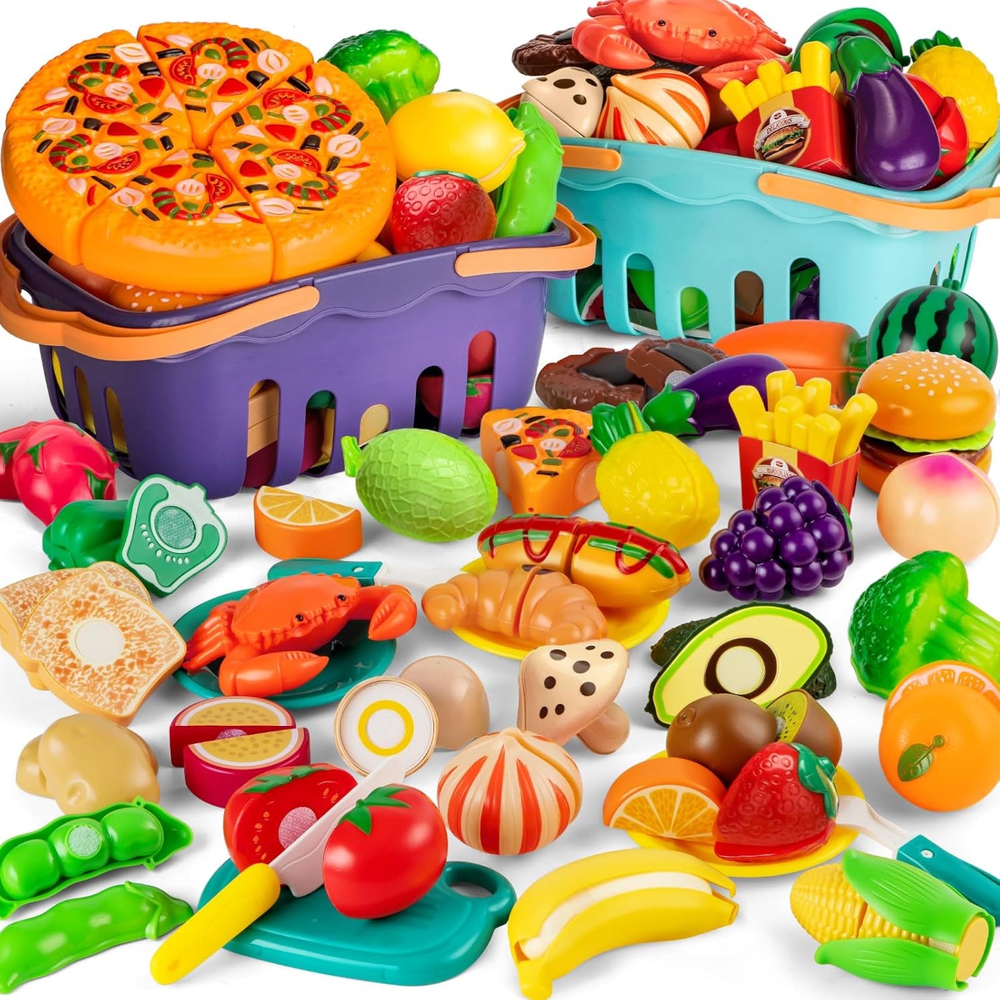 Cutting Play Food Toys for Kid, Pretend Play Kitchen Accessories, Fake Food | Fake Fruits/Vegetables Set With Shopping Storage Basket, Plastic Board And Knife, Birthday Gifts/Educational Toy For Toddler