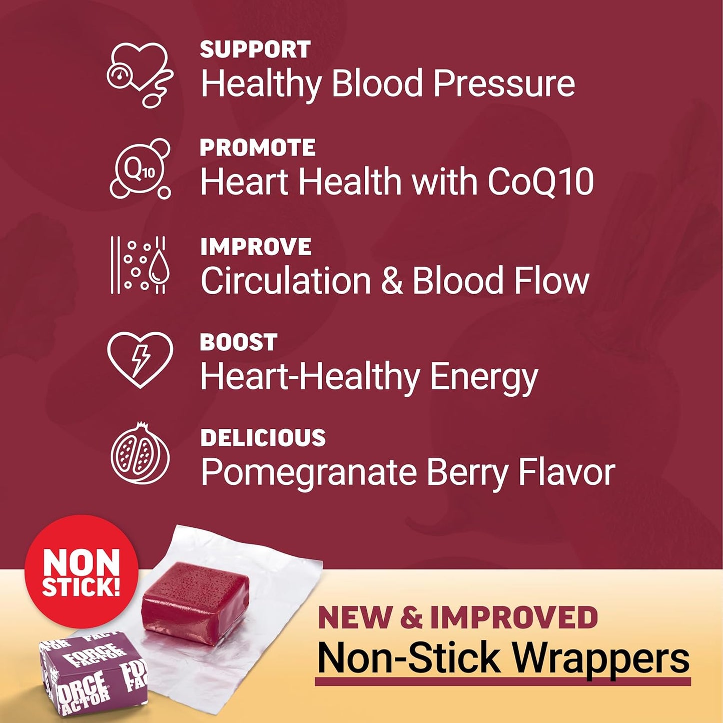Force Factor Total Beets Heart Health Chews with Beetroot Powder, CoQ10, and B Vitamins