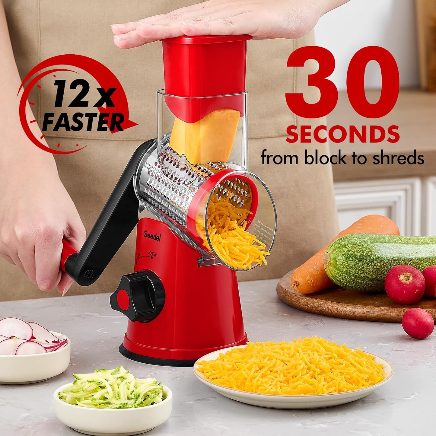 Geedel Rotary Cheese Grater Hand Crank, Cheese Shredder Vegetable Slicer | 3 Blades, 430 Stainless Steel, 12x Fast Cutting, Strong Suction Base, No BPA, Dishwasher Safe, for Cheese, Veggie, Nut