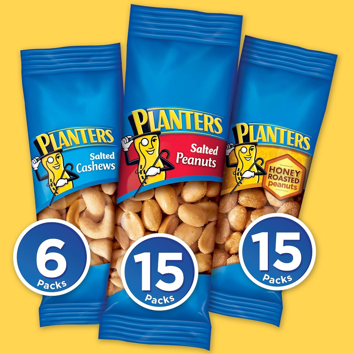 PLANTERS Variety Pack with Salted Cashews, Peanuts, and Honey Roasted Peanuts, 36 Count