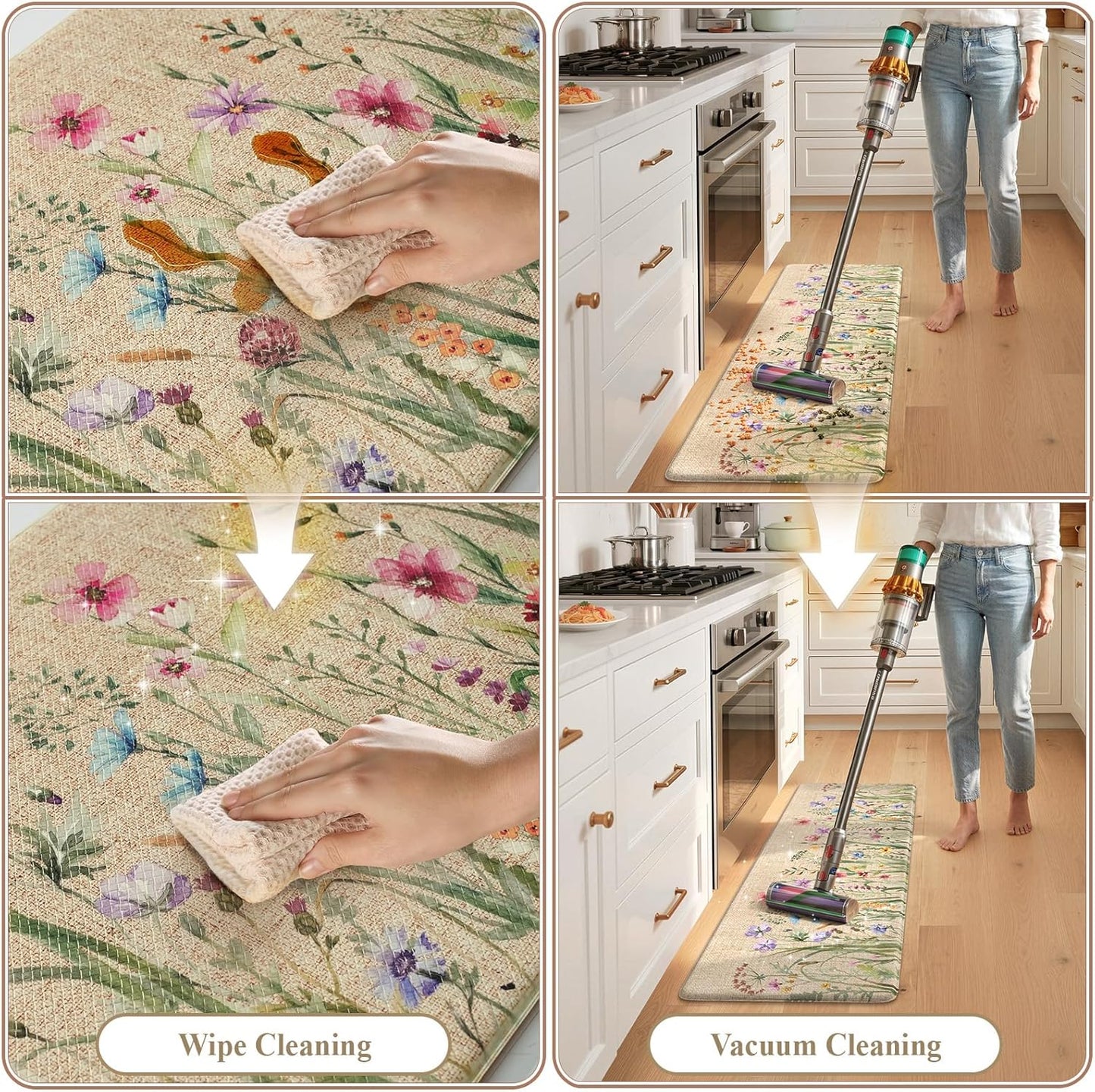 KIMODE Anti Fatigue Kitchen Mat, 17"x47"+17"x29" Floral Kitchen Rugs Sets of 2, Farmhouse Kitchen Floor Mats Non-Slip Cushioned, Comfort Standing Desk Mat for Sink, Laundry,Home Brown
