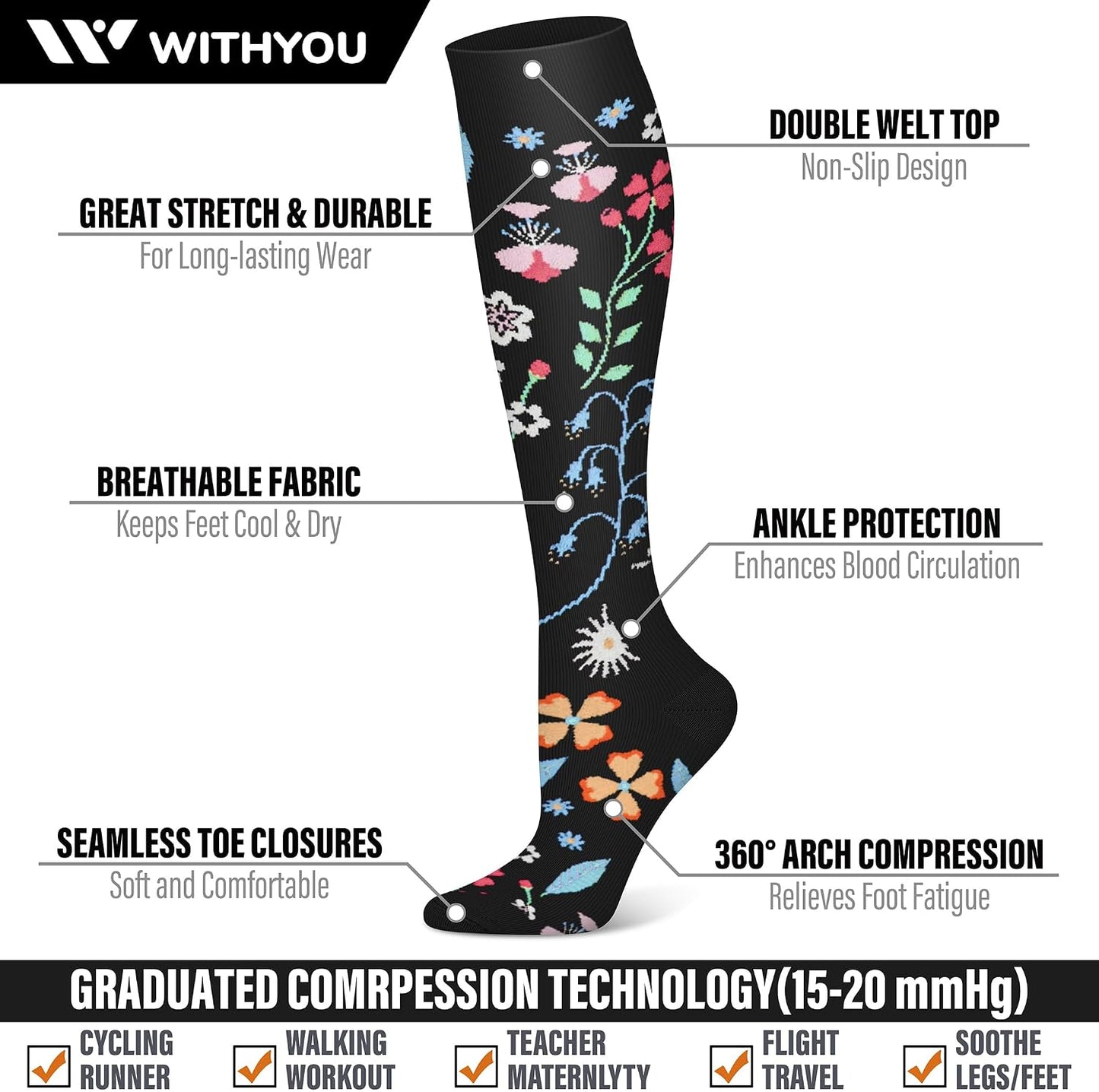WITHYOU 3 Pairs Compression Socks 15-20 mmHg for Women and Men