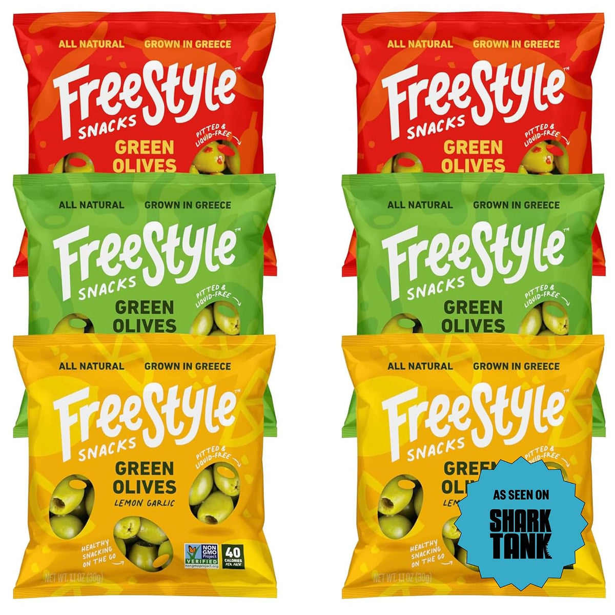 Freestyle Snacks Olive Snack Packs - Single Serve - Fresh Pitted Green Olives, Grown in Greece, All Natural, Non-GMO, Sugar-Free, Salty Snack - Variety