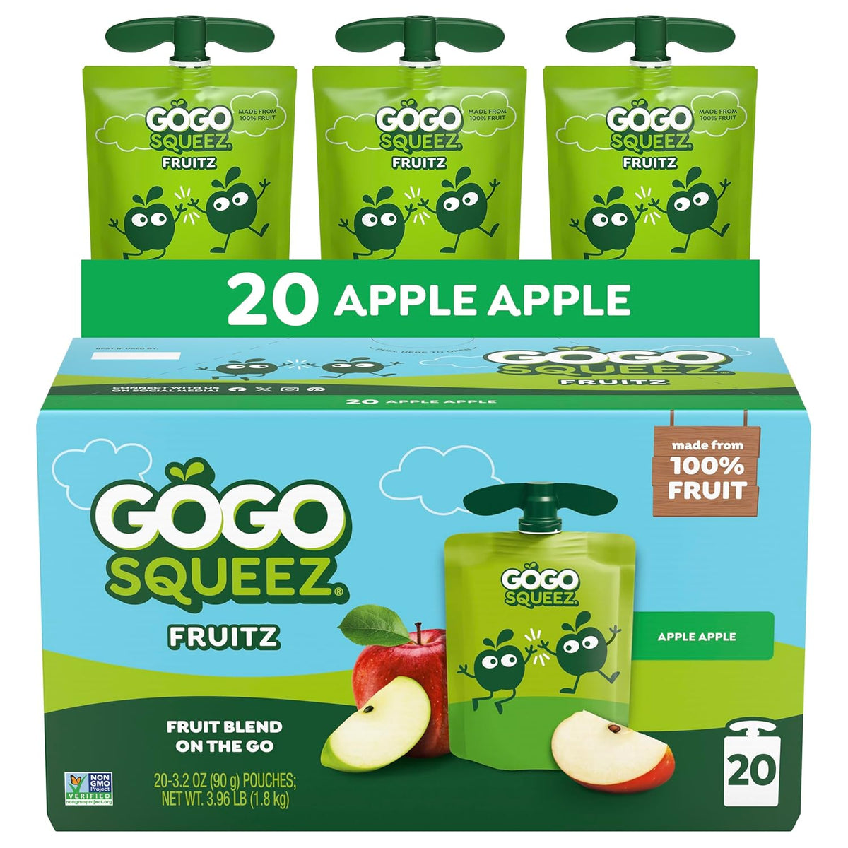 GoGo squeeZ No Sugar Added Applesauce and Fruit Puree, Apple, 3.2 oz Pouches, Pack of 20, Fruit Snacks for Kids
