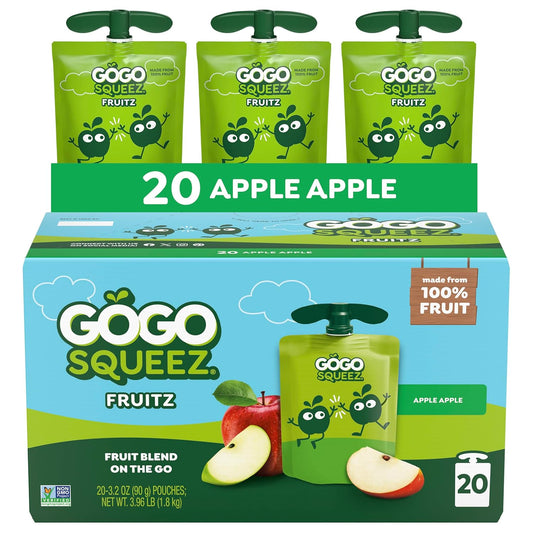 gogo squeeZ fruit on the go, apple apple, 3.2 oz, unsweetened, gluten free, nut free, recloseable, bpa free, pack of 20