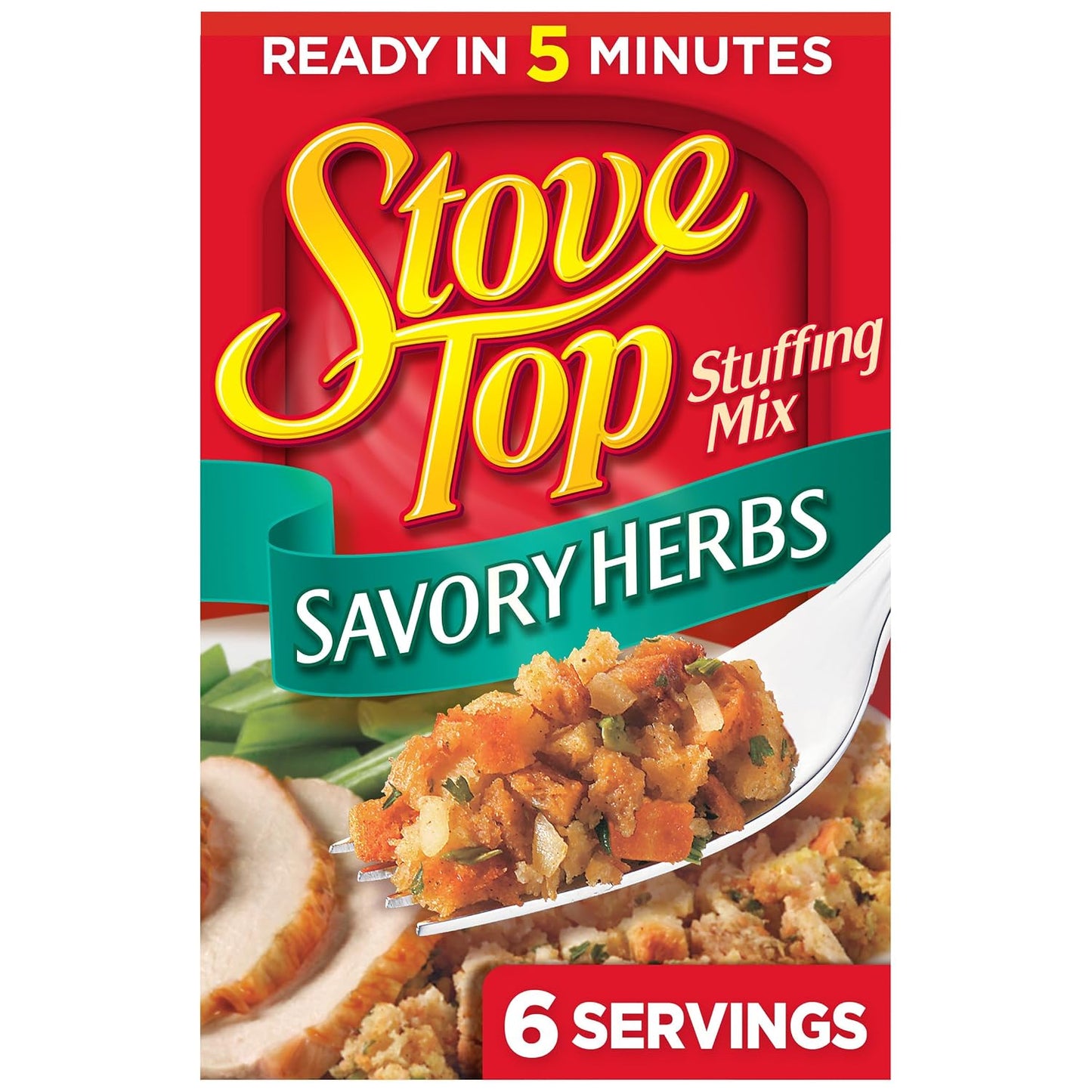 Stove Top Savory Herbs Stuffing Mix, 6 Ounce Box, Instant Side Dish for Chicken and Holiday Meals, Ready in 5 Minutes