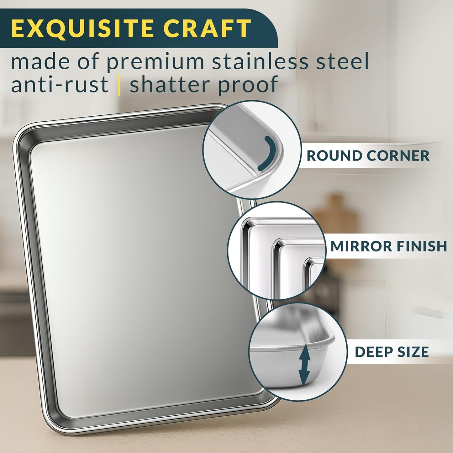 Baker's Signature Stainless Steel Cookie Sheet Pan | Baking Set of 3, Mirror Finish, Non-Stick, Rust Resistant, BPA Free, Dishwasher Safe, 9/12/16"