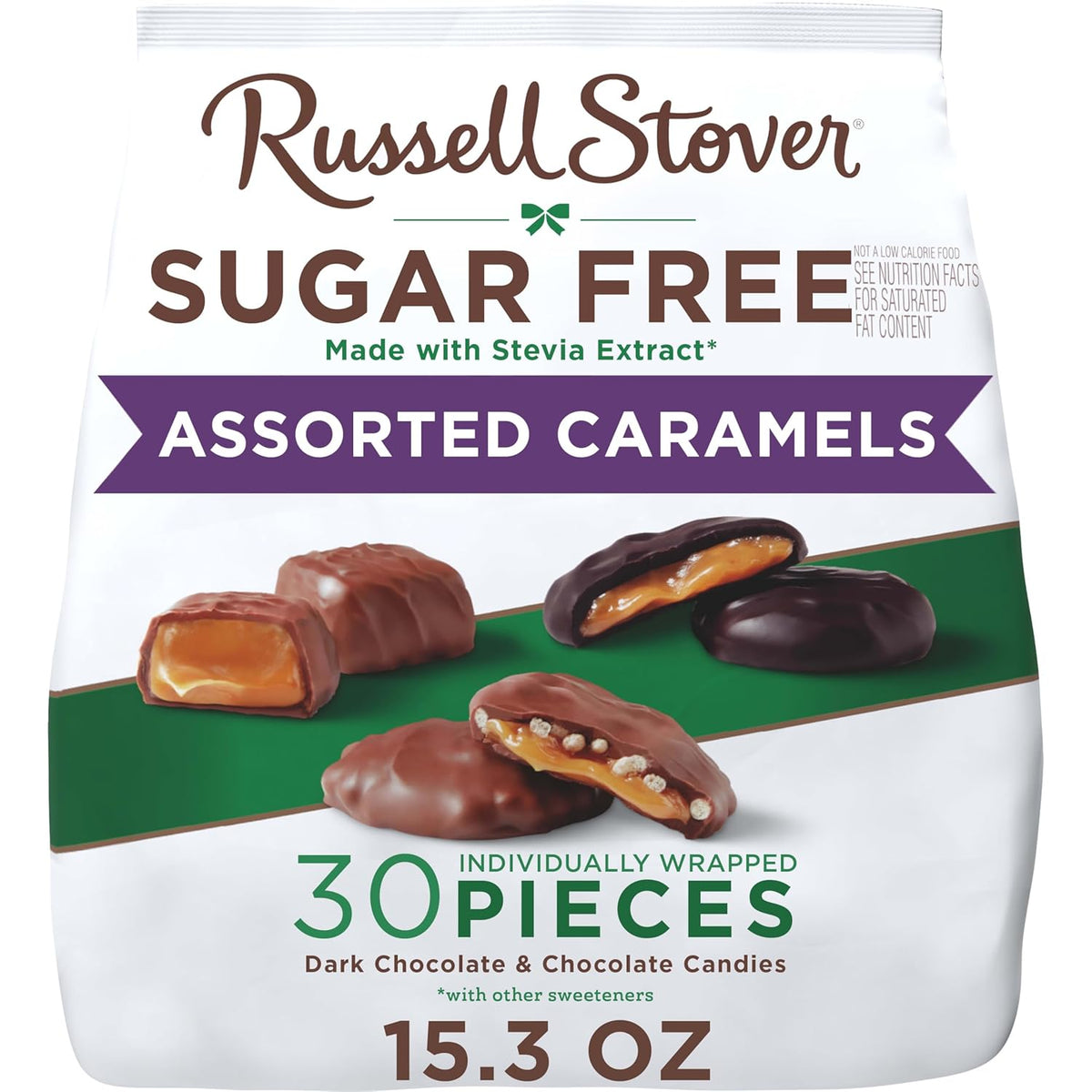 russell stover sugar free assorted caramels in chocolate, 15.3 oz. bag, made with stevia extract, no added sugar