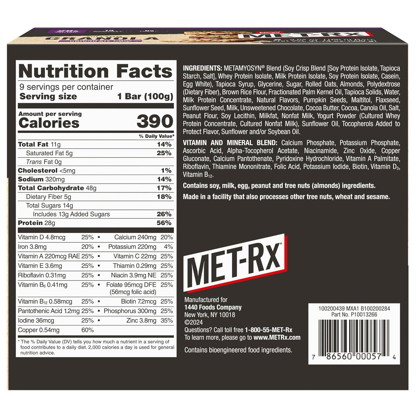 MET-Rx Big 100 Granola Protein Bar, 28 G Protein, Chocolate Chip, Pack of 9