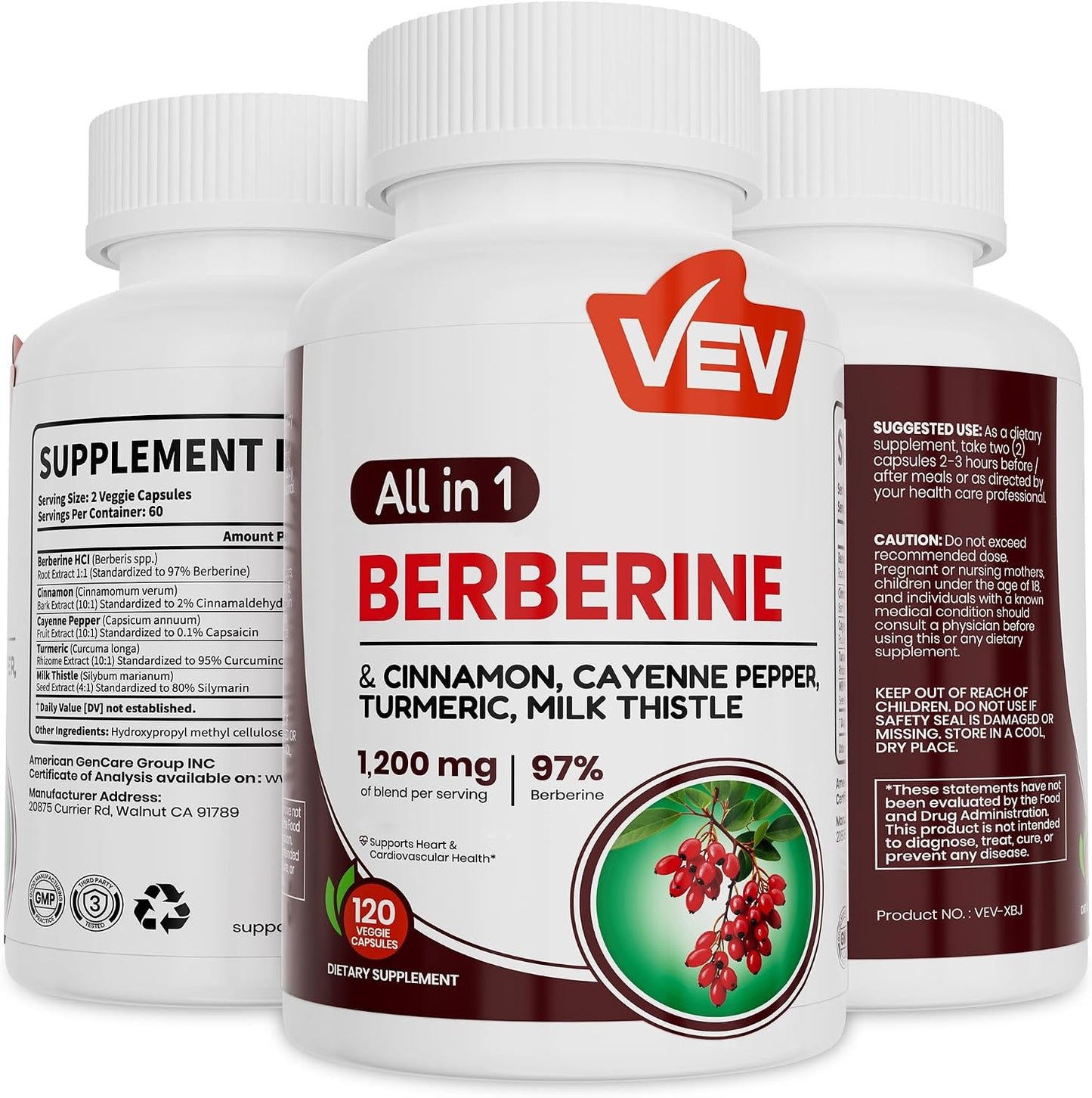 VEV Berberine Supplement with Ceylon Cinnamon, Cayenne Pepper, Turmeric, Milk Thistle, Vegan & Non-GMO – 120 Capsules