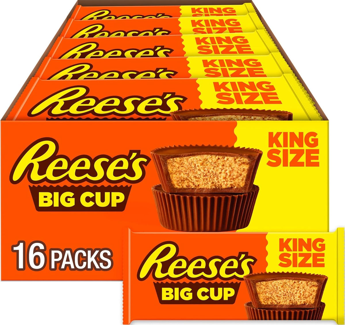REESE'S Big Cup Milk Chocolate King Size Peanut Butter Cups, Candy Packs, 2.8 oz (16 Count)