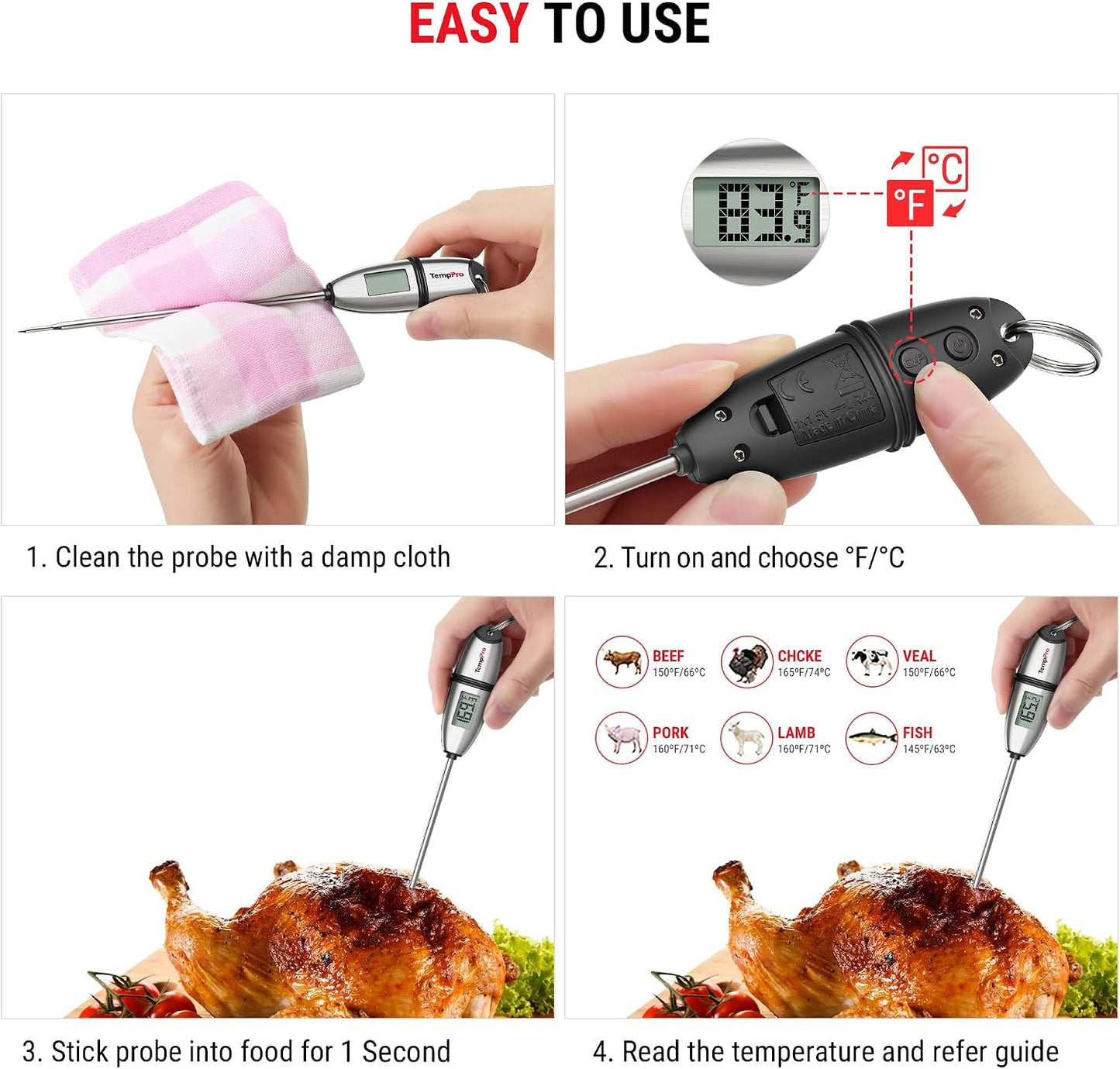 TempPro TempSwift 1 Sec Digital Food Thermometer for Kitchen Cooking | Meat Thermometer Digital, 5.3 inches Super Long Probe, Bread Baking Sourdough Liquids Candy Making Accessories Gift