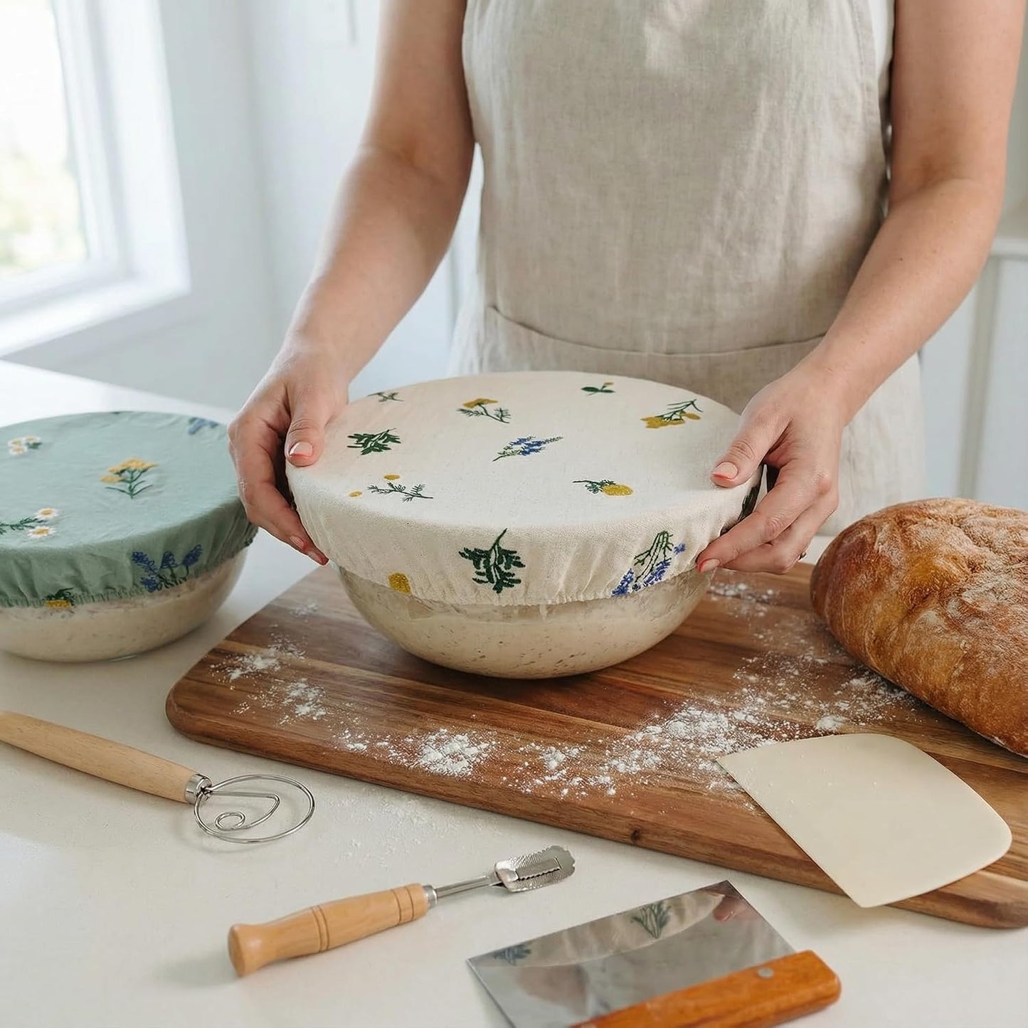 Reusable Bowl Covers (Set of 4) - Breathable Cotton Linen Sourdough Accessories - Elastic Durable Fabric Food Lids for Proofing Baskets & Bread Baking Supplies (Sage Green)
