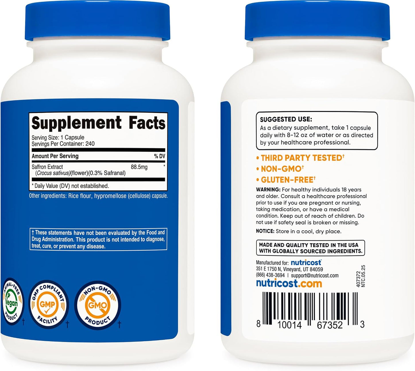 Nutricost Saffron Extract 88.5mg, 240 Veggie Capsules, Non-GMO, Gluten Free