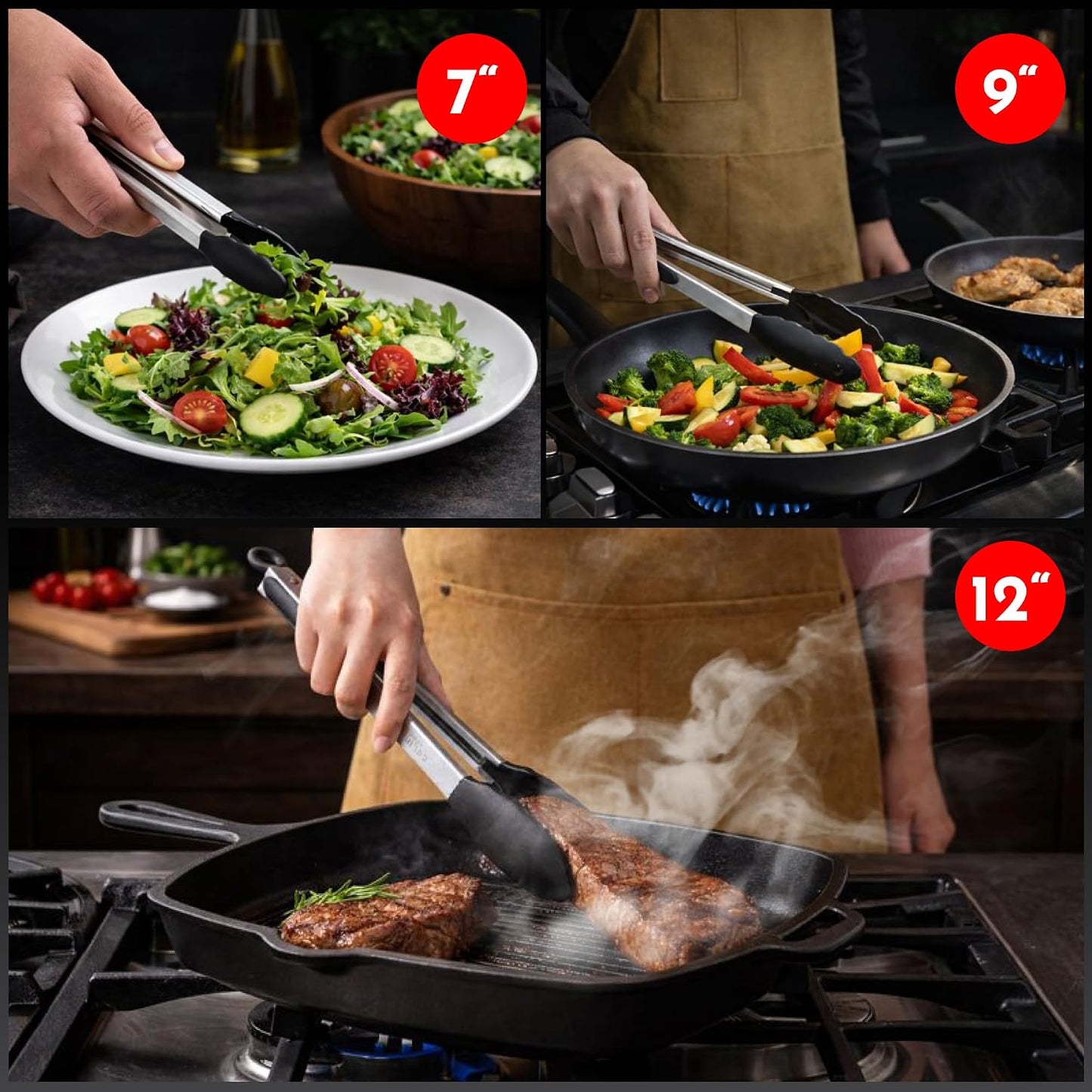 Kitchen Tongs with Silicone Tips Set of 3 Heat Resistant Tongs for Serving Food, 12-Inch, 9-Inch, 7-Inch Locking Silicone Tongs for Cooking, Salad Tong, Black Kitchen Utensils