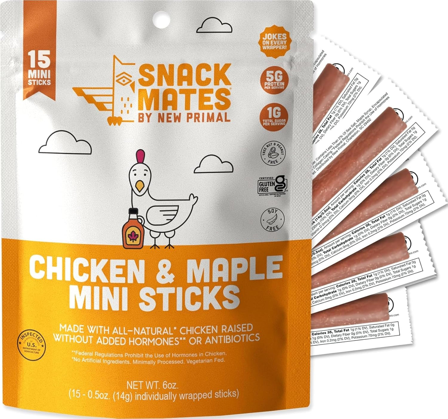 New Primal Snack Mates Chicken & Maple Sticks, Gluten Free, Low Sugar, High Protein Snacks for Kids