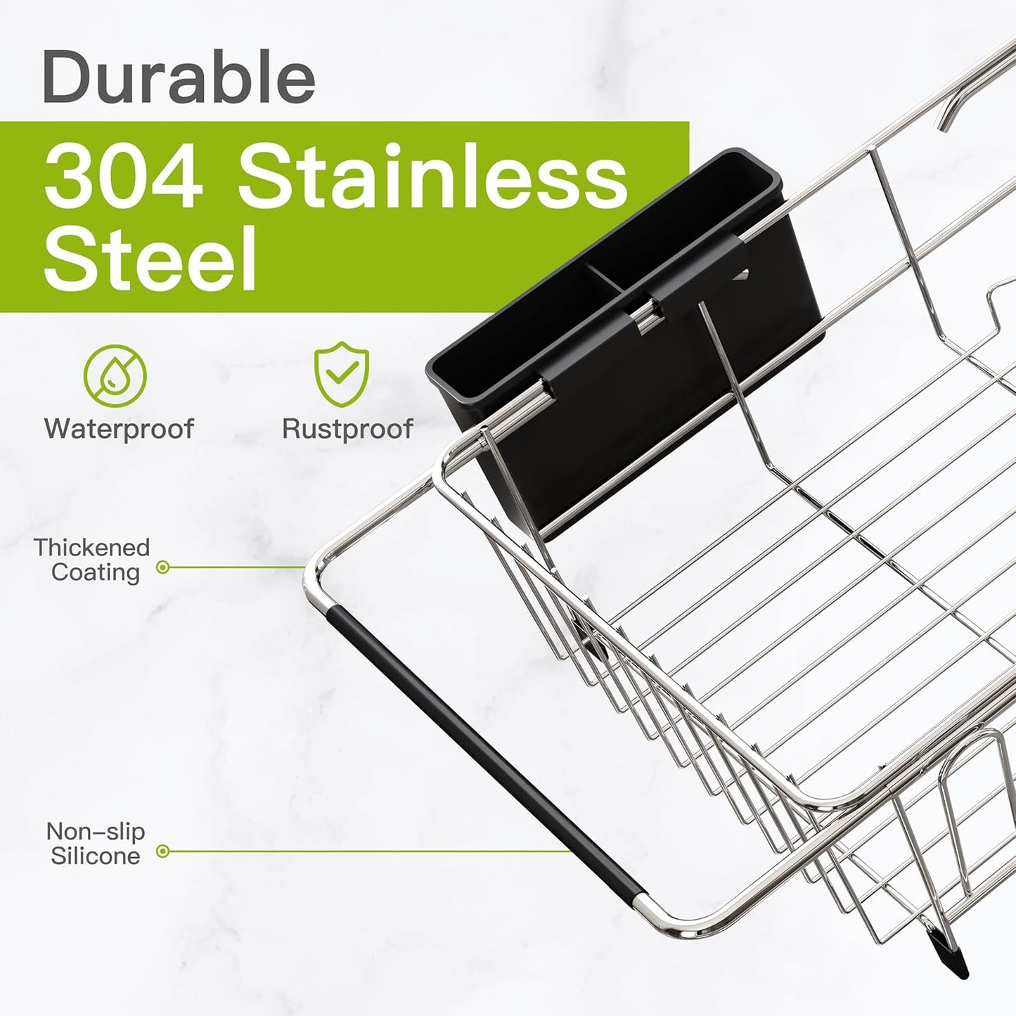 JASIWAY Dish Drying Rack in Sink, Dish Drainer with Cup and Utensil Holder | Over The Sink Expandable Stainless Steel Strainer Dryer Rack for Small Kitchen, Counter Space Saving, Fast Drain, Rustproof