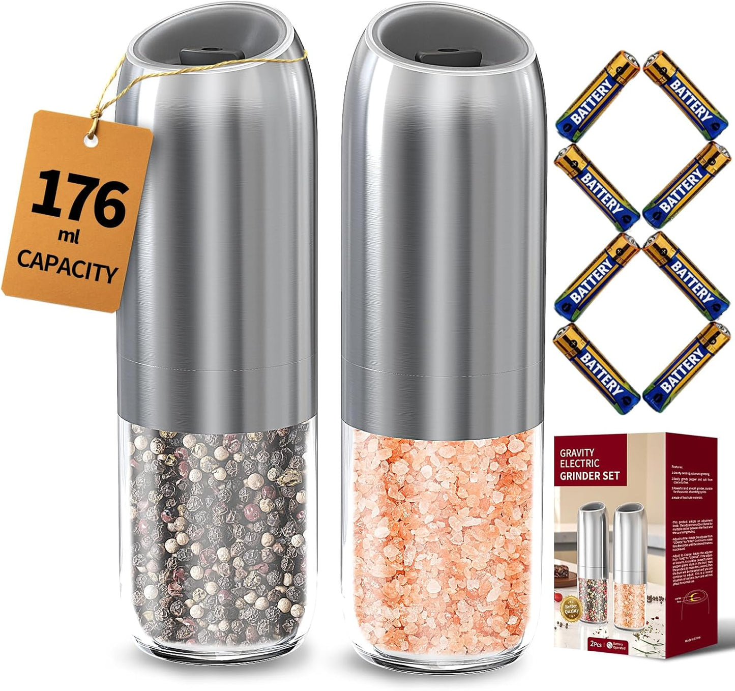 CIRCLE JOY Gravity Electric Salt and Pepper Grinder Set Automatic Salt and Pepper Grinder Set with LED Light, Battery Operated, Adjustable Coarseness, Large Capacity, for Home Kitchen BBQ, Black