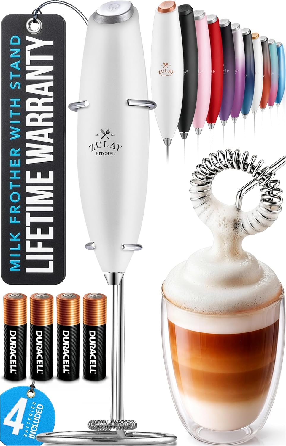 Zulay Kitchen Powerful Milk Frother Wand With Duracell Batteries - Ultra Fast Handheld Drink Mixer - Electric Whisk Foam Maker for Coffee, Lattes, Cappuccino & Matcha - Z1 Motor - Black