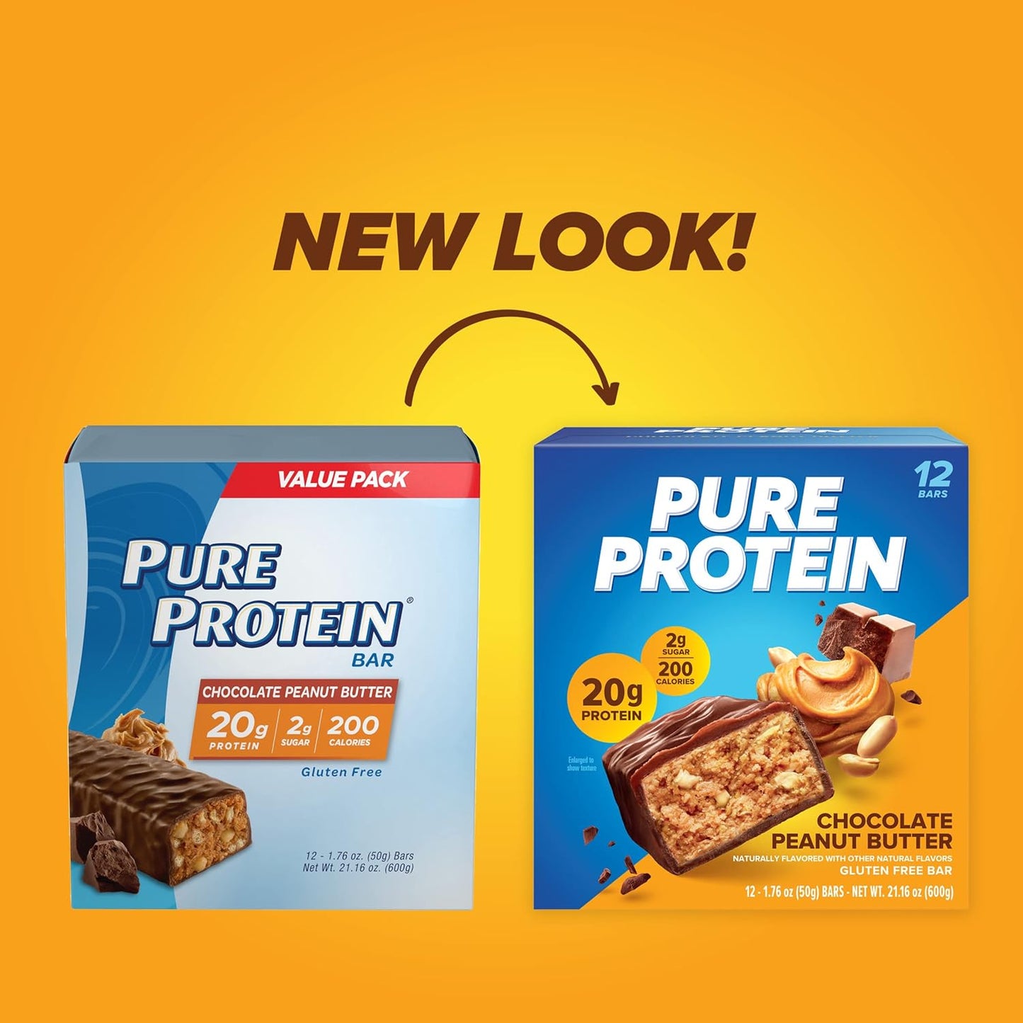 Pure Protein Chocolate Peanut Butter Bars, 20g Protein, 3g Sugar, 190 Calories, 12 Count, Gluten Free