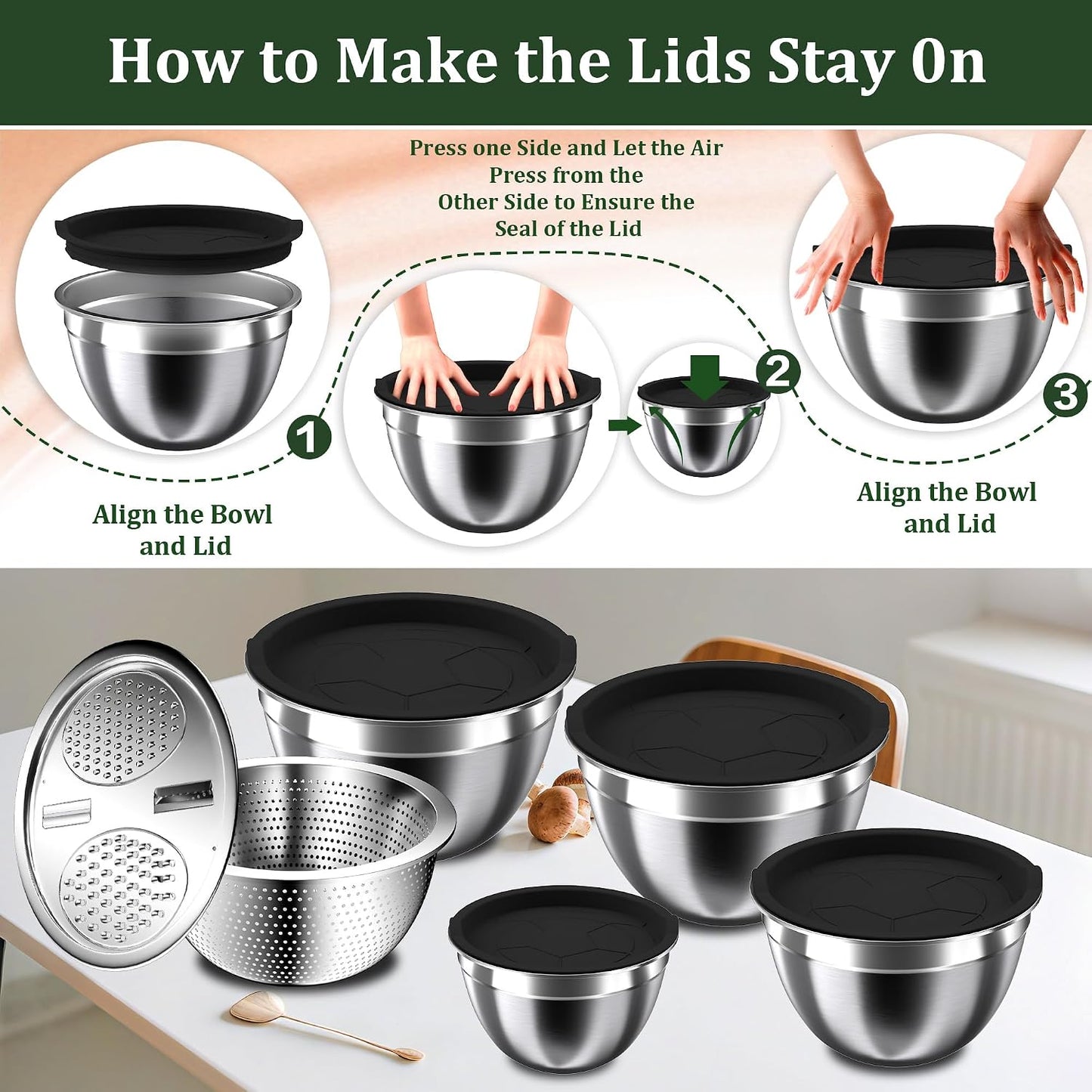 Nicdiet Mixing Bowls with Lids Set, 16PCS Stainless Steel Mixing Bowls,Nesting Storage Bowls for Kitchen with Mixing Bowl, Colander, Strainer & Grater, Metal Salad Bowl for Kitchen Gadgets, Black