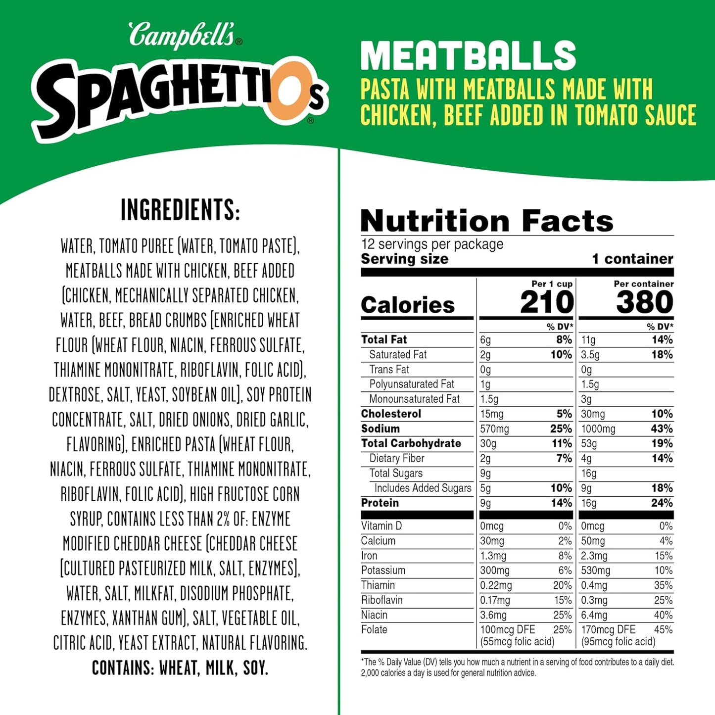 SpaghettiOs 15.6 oz Canned Pasta with Meatballs, 12 Pack, No Artificial Colors, No Added MSG