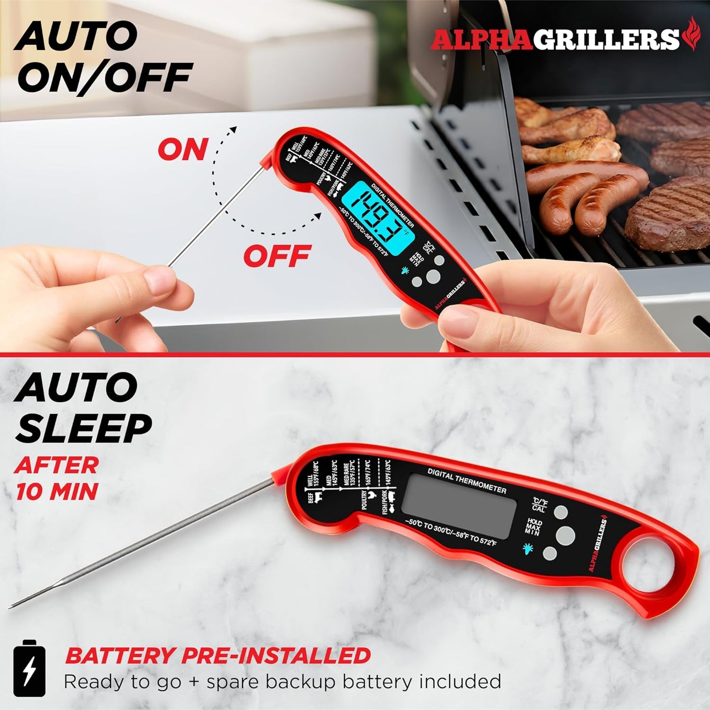 Alpha Grillers Instant Read Meat Thermometer Digital, Cooking, Food, Grill | 1-2 Second Ultra-Fast Response Time, Bright Backlit Display, Waterproof (IP67), Pre-Calibrated & Ready to Use