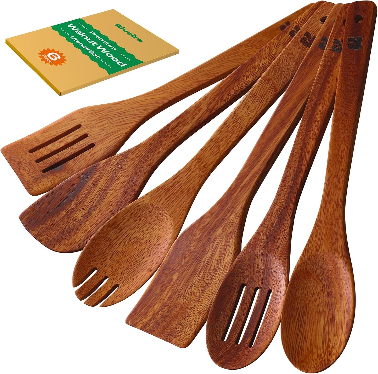 Riveira Dark Bamboo Wooden Spoons for Cooking 6-Piece, Apartment Essentials Wood Spatula Spoon Nonstick Kitchen Utensil Set Premium Quality Housewarming Gifts for Everyday Use