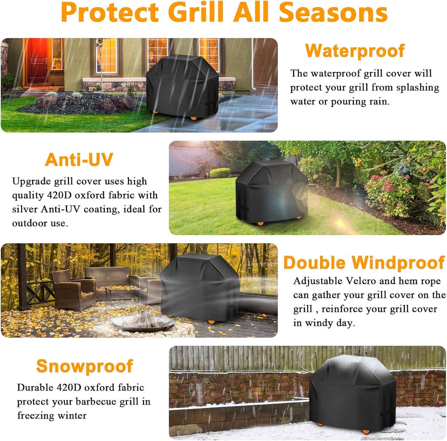 Grill Cover, 58 inch BBQ Gas Grill Cover for Outdoor Grill, Charbroil Grill Cover Barbecue Waterproof, Anti-UV for Weber Char-Broil Monument, Dyna-glo Nexgrill Spun Polyester