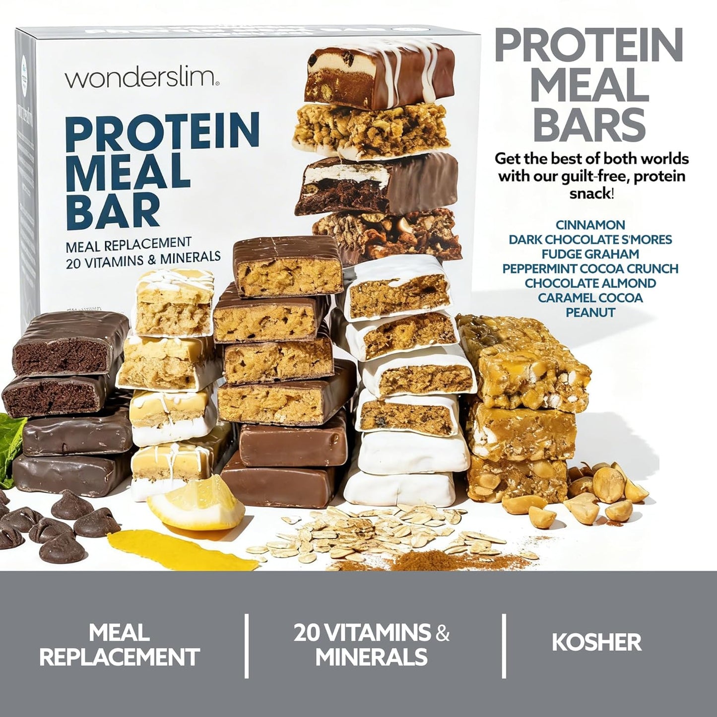 WonderSlim Meal Replacement Protein Bar Variety Pack 15g Protein 20 Vitamins and Minerals
