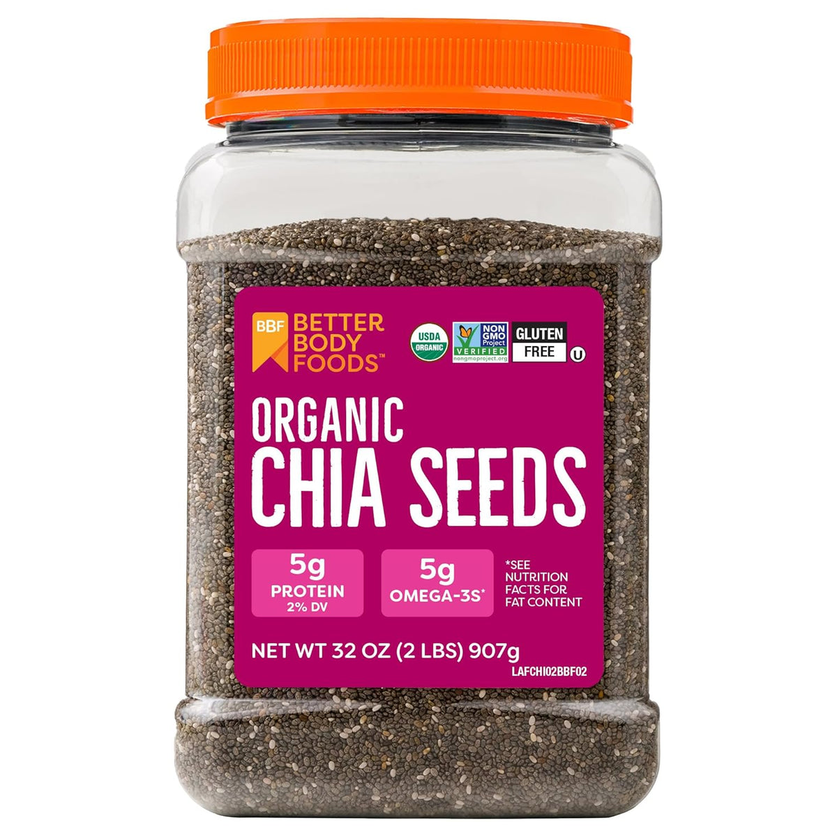 BetterBody Foods Organic Chia Seeds 2 lbs, Omega-3, Non-GMO, Gluten Free, Keto, Vegan