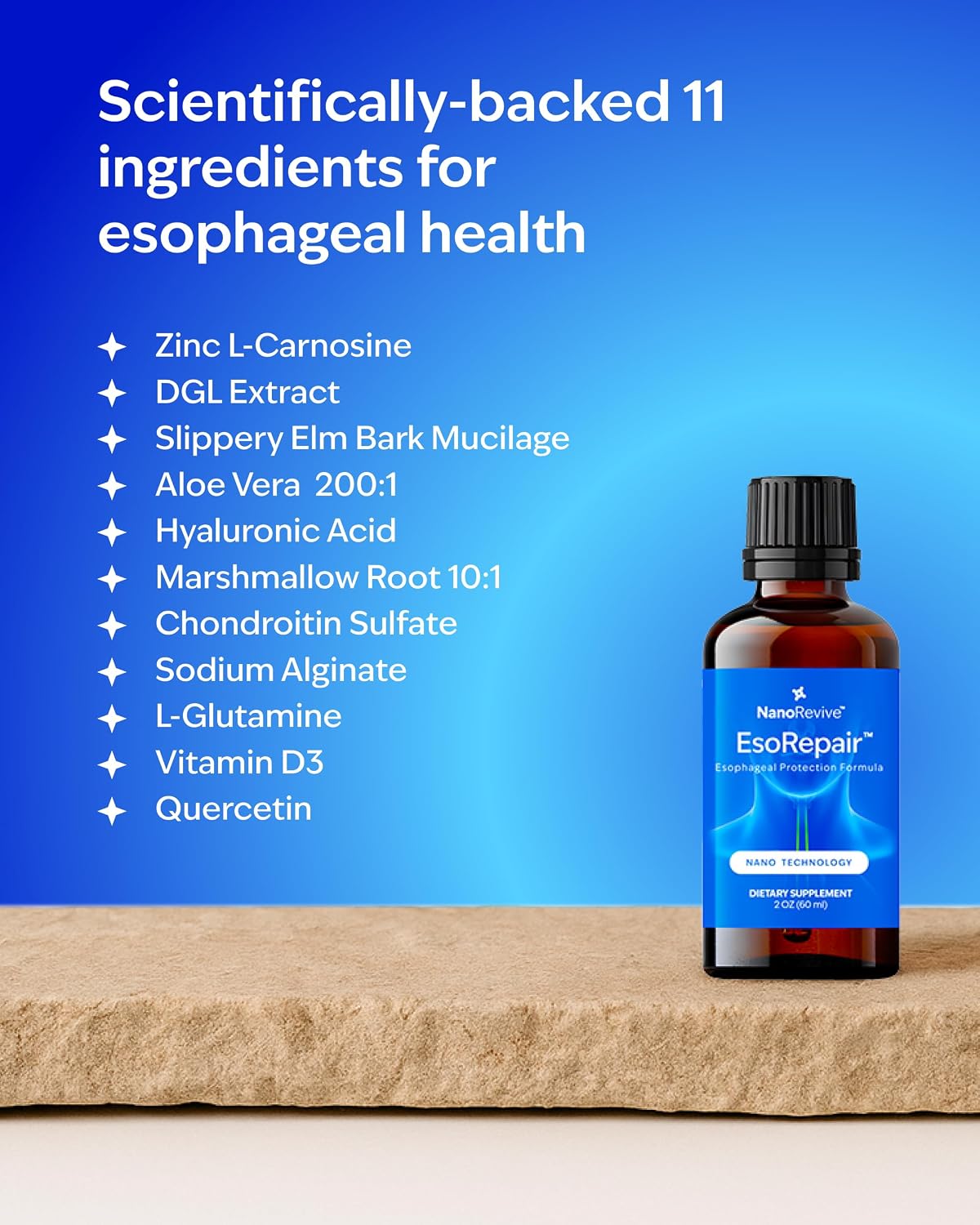 EsoRepair Nano Esophageal & Stomach Health Supplements for Men & Women - Digestive Comfort - Slippery Elm Bark, Zinc L-Carnosine & Aloe Vera Extract - Non-GMO & Dairy Free