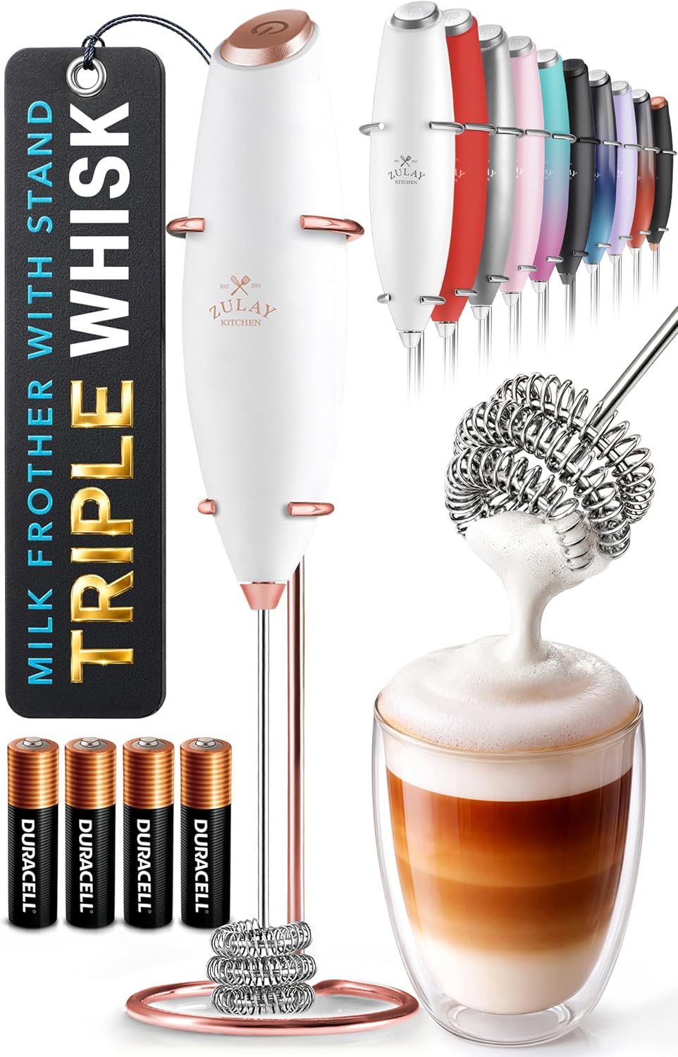 Zulay Kitchen Powerful Milk Frother Wand With Duracell Batteries - Ultra Fast Handheld Drink Mixer - Electric Whisk Foam Maker for Coffee, Lattes, Cappuccino & Matcha - Z1 Motor - Black