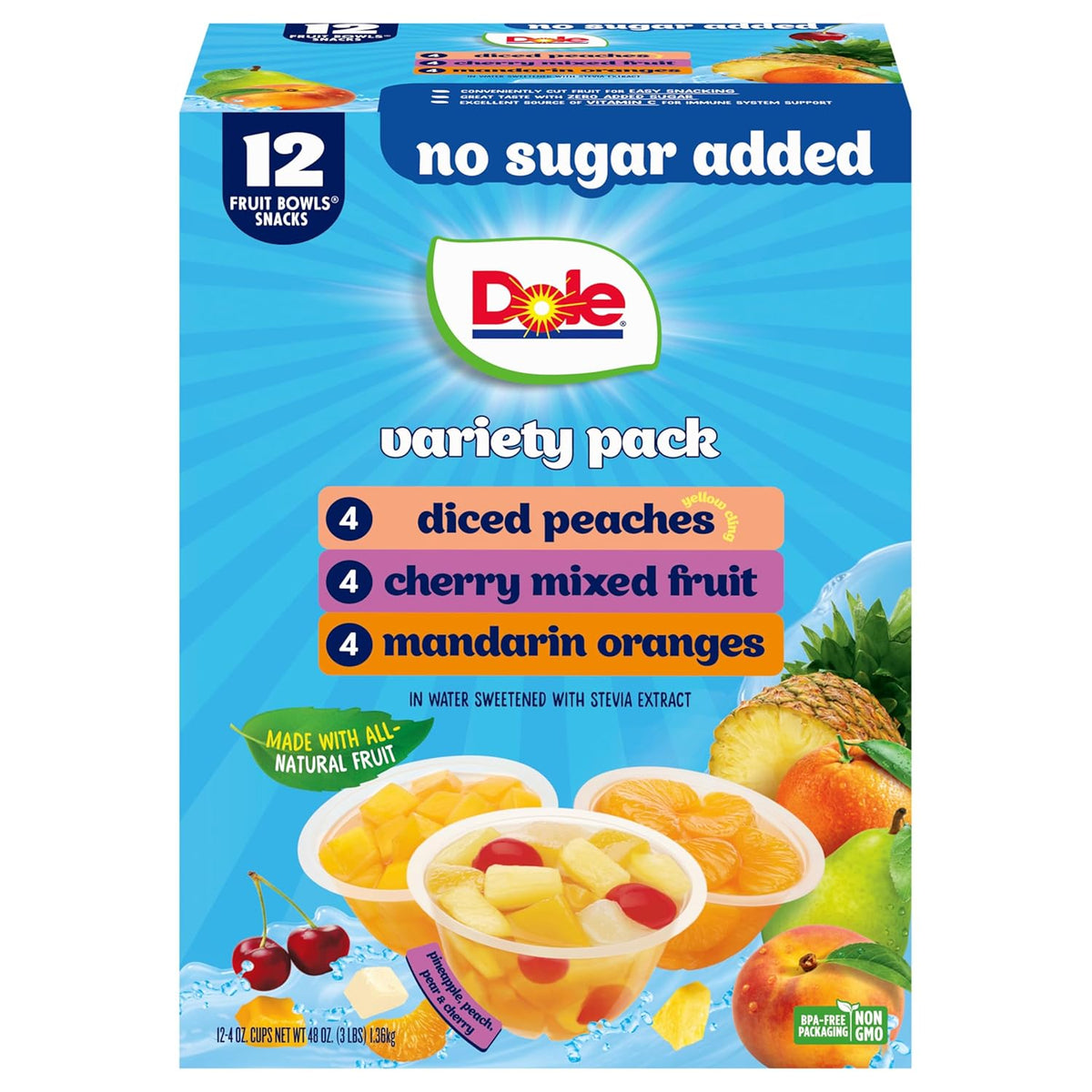 Dole Diced Peaches, Mandarin Oranges, and Cherry Mixed Fruit Variety Pack, 12 Pack, 4 oz Bowls