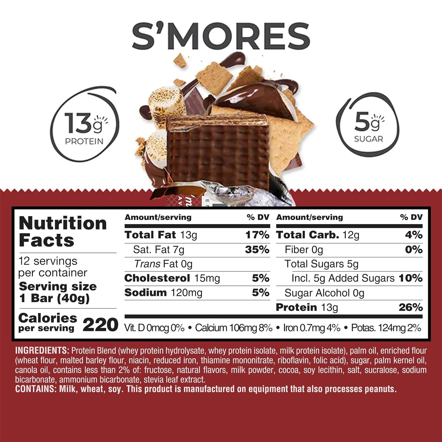 Power Crunch Protein Energy Wafer Bars, S'Mores, 1.4 Ounce, 12 Count